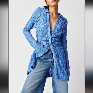 Free People Shayla Lace Boho Blue Mini Dress Sz M